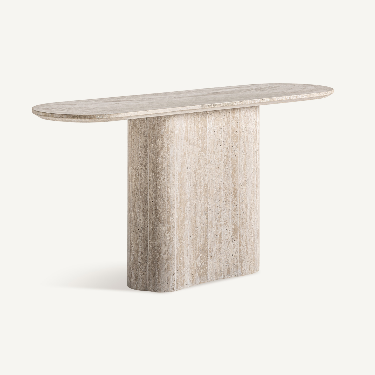Console Lysor van beige travertine met golvende poot – luxe design van Maison Collection zijaanzicht