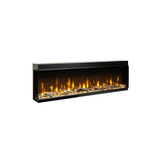 Dimplex Ignite Bold 50 elektrische inbouwhaard met Opti-Flame® vlamtechnologie, 1-zijdig vuurzicht en LED-verlichting, geïnstalleerd in een cinewall van Maison Collection.