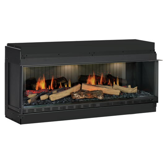 Luxe Dimplex Vista inbouwhaard 1-zijdig met gepatenteerde Opti-Virtual® vlamtechnologie, realistische houtset en knisperend vlameffect, stijlvol ingebouwd in een moderne cinewall van Maison Collection – perfecte combinatie van sfeer, warmte en innovatief design.