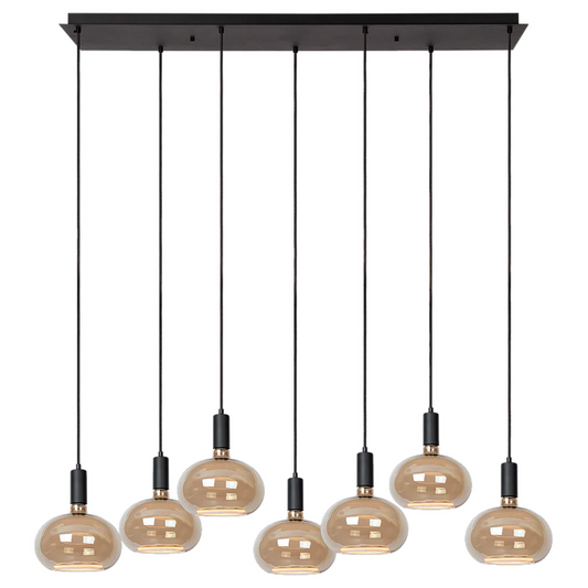 Hanglamp Élan met 7 rookglazen Segula Floating Oval lichtpunten en zwarte plafondplaat.