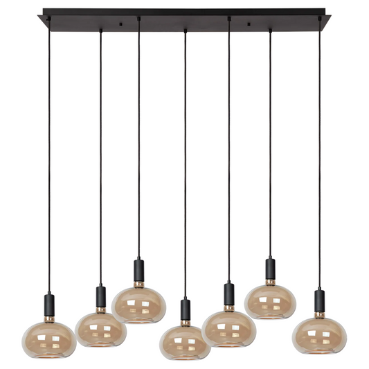 Hanglamp Élan met 7 rookglazen Segula Floating Oval lichtpunten en zwarte plafondplaat.