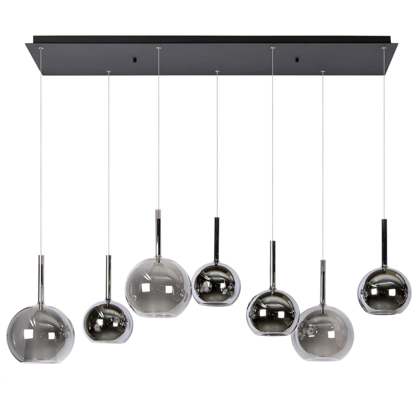 Liva hanglamp 7-lichts met rookgrijze glazen bollen en rechthoekige plafondplaat – Maison Collection.