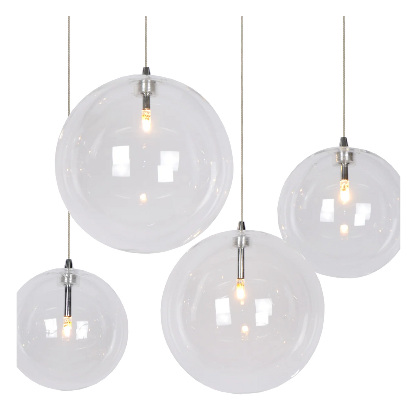 Novi 7 hanglamp met witte plafondplaat en zeven glazen bollen.