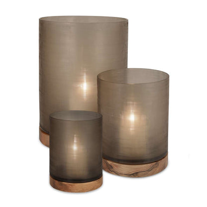 Guaxs Windlicht Aran - mondgeblazen glas diepbruin en walnootkleurige voet (26x20x20 cm) set.