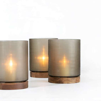 Guaxs Windlicht Aran - mondgeblazen glas diepbruin en walnootkleurige voet (26x20x20 cm) setvan3