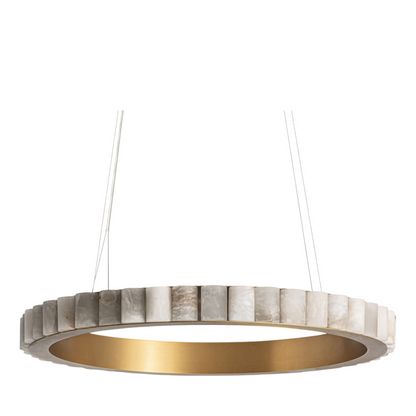 Luxe hanglamp Noëlle 80x80 cm van wit marmer met goudkleurig frame en LED-verlichting.