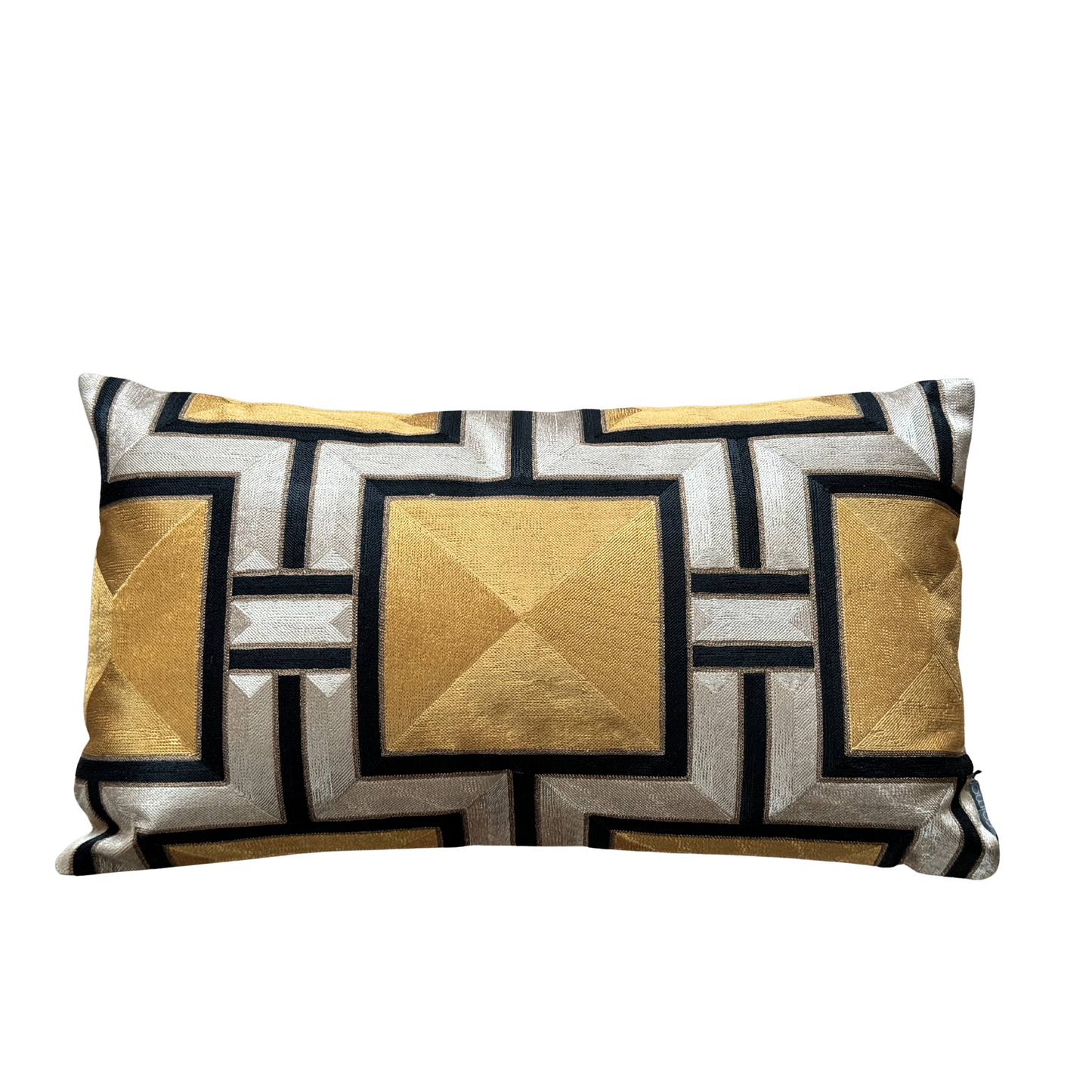 Sierkussen Colmore, taupe met mosterdgoud geometrisch design, 60x35 cm