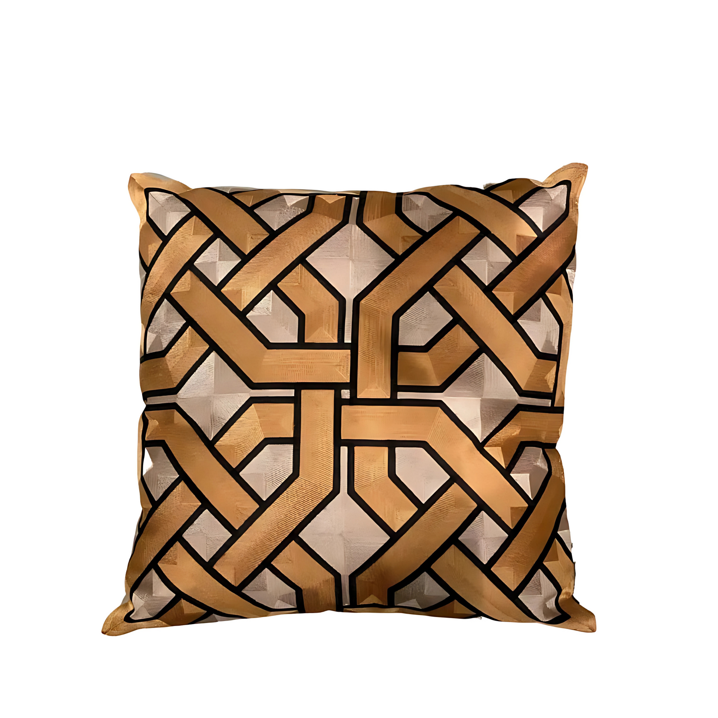 Sierkussen Colmore, amber met beige/taupe geometrisch design, 50x50 cm