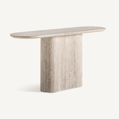 Console Lysor van beige travertine met golvende poot – luxe design van Maison Collection zijaanzicht