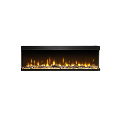 Dimplex Ignite Bold 50 elektrische inbouwhaard met Opti-Flame® vlamtechnologie, 1-zijdig vuurzicht en LED-verlichting, geïnstalleerd in een cinewall van Maison Collection.