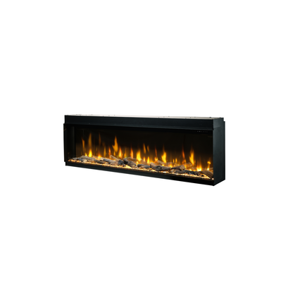Dimplex Ignite Bold 50 elektrische inbouwhaard met Opti-Flame® vlamtechnologie, 1-zijdig vuurzicht en LED-verlichting, geïnstalleerd in een cinewall van Maison Collection.