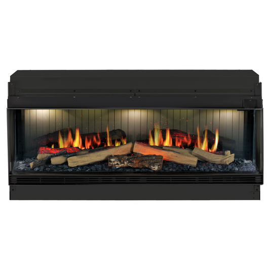 Luxe Dimplex Vista inbouwhaard 1-zijdig met gepatenteerde Opti-Virtual® vlamtechnologie, realistische houtset en knisperend vlameffect, stijlvol ingebouwd in een moderne cinewall van Maison Collection – perfecte combinatie van sfeer, warmte en innovatief design.