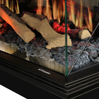 Luxe Dimplex Vista inbouwhaard 3-zijdig met gepatenteerde Opti-Virtual® vlamtechnologie, realistische houtset en knisperend vlameffect, stijlvol ingebouwd in een moderne cinewall van Maison Collection – perfecte combinatie van sfeer, warmte en innovatief design.
