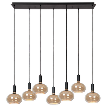 Hanglamp Élan met 7 rookglazen Segula Floating Oval lichtpunten en zwarte plafondplaat.