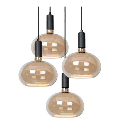 Hanglamp Élan met 7 rookglazen Segula Floating Oval lichtpunten en zwarte plafondplaat.