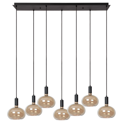 Hanglamp Élan met 7 rookglazen Segula Floating Oval lichtpunten en zwarte plafondplaat.