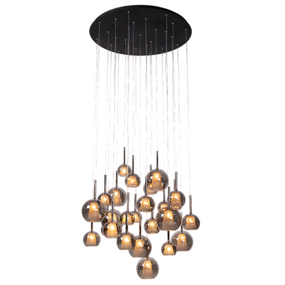 Liva hanglamp 25-lichts met rookglas bollen en ronde zwarte plafondplaat – Maison Collection.