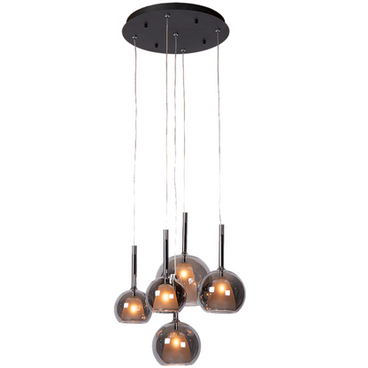 Liva hanglamp 5-lichts met rookglazen bollen en witte plafondplaat – modern en stijlvol.