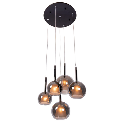 Liva 5 hanglamp 5-lichts – rookglas & mat glas - zwarte plafondplaat