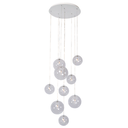 Novi 9 hanglamp met witte plafondplaat en transparante snoeren.