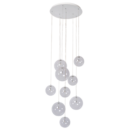 Novi 9 hanglamp met witte plafondplaat en transparante snoeren.