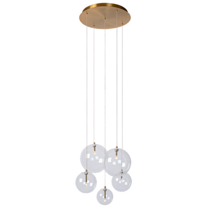 Novi 5 hanglamp met goudbronzen plafondplaat en vijf glazen bollen.