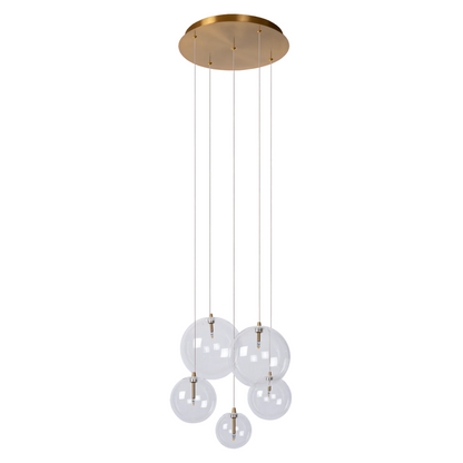 Novi 5 hanglamp met goudbronzen plafondplaat en vijf glazen bollen.