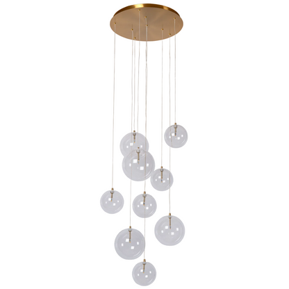 Novi 9 hanglamp met glazen bollen, antiek bronzen plafondplaat en G4 fitting.
