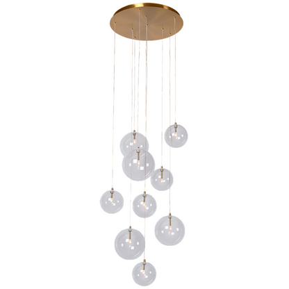 Novi 9 hanglamp met glazen bollen, antiek bronzen plafondplaat en G4 fitting.