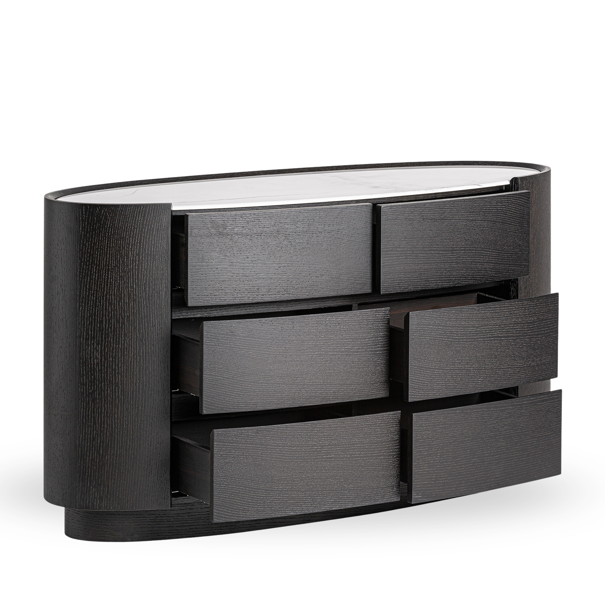 Dressoir Lioren in zwart hout met wit gesinterd steen blad, modern contemporary design met zes lades – Maison Collection.
