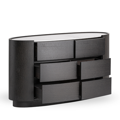 Dressoir Lioren in zwart hout met wit gesinterd steen blad, modern contemporary design met zes lades – Maison Collection.