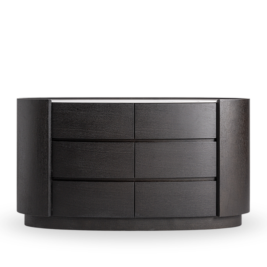 Dressoir Lioren in zwart hout met wit gesinterd steen blad, modern contemporary design met zes lades – Maison Collection.