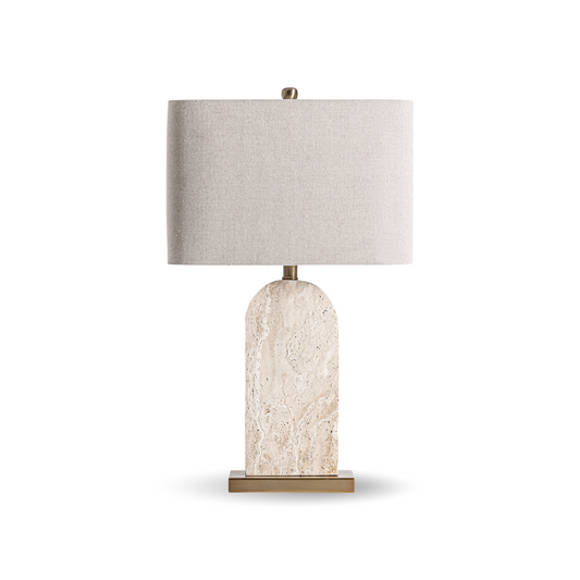 afellamp Niya (68x40,5x26 cm) van Maison Collection in ivory travertin, off-white linnen lampenkap en goudkleurig ijzer – luxe verlichting voor contemporary, modern en cosmopolitan interieurs.